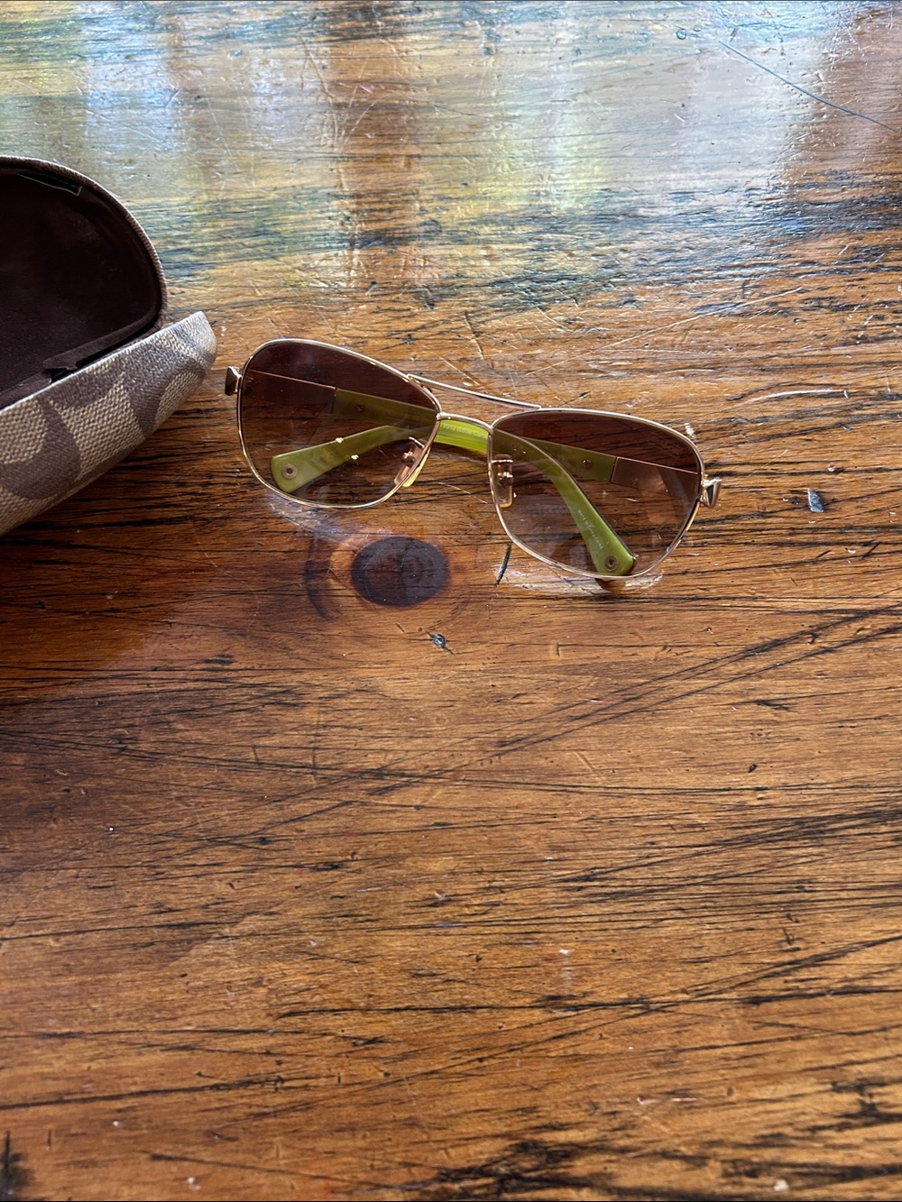 Coach Women's Aviator Sunglasses in Gold with Green Temples